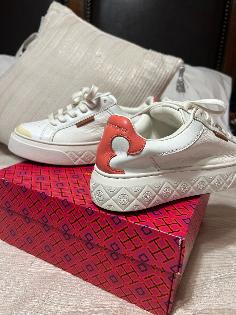 Tory Burch White Leather Sneakers with Coral Heel Detail no box